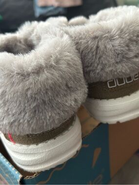 Hey Dude Kids Moccasins in Gray and White with Faux Fur Trim